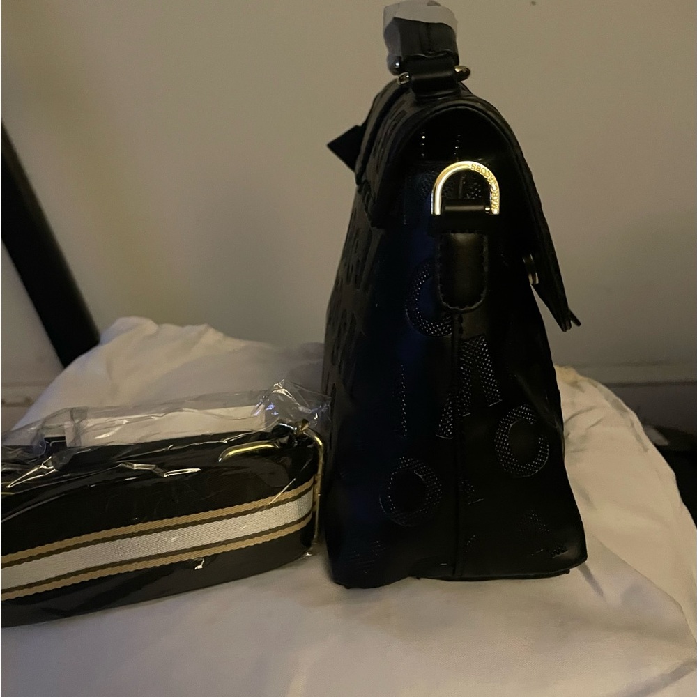 Black Leather Shoulder Bag, Handbag with Gold Accents